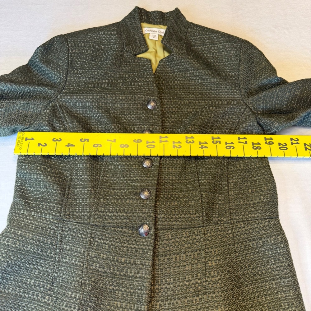 Coldwater Creek Blazer Women 10 Olive Green Tweed Peplum Crest Button Jacket - Picture 11 of 13